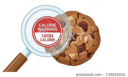 Magnifying Glass Calorie Warning on Chocolate Cookie Magnifying Glass Calorie Warning on Chocolate Cookie 139895058