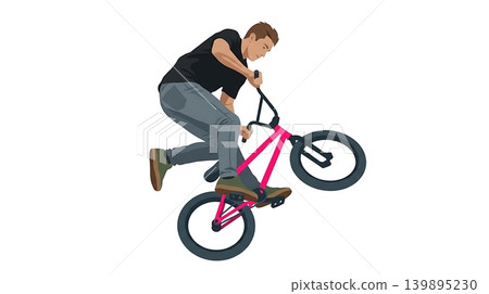 Caucasian Male BMX Rider Performing Tailwhip on Pink Bike Caucasian Male BMX Rider Performing Tailwhip on Pink Bike 139895230