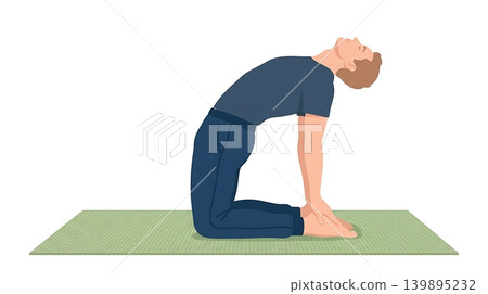 Caucasian Male Bending in Camel Pose Flat Vector Caucasian Male Bending in Camel Pose Flat Vector 139895232