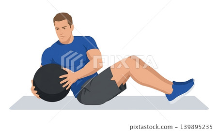 Caucasian Male Doing Core Twist With Medicine Ball Caucasian Male Doing Core Twist With Medicine Ball 139895235