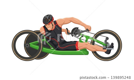 Caucasian Male Racing on Bright Green Handcycle 139895248