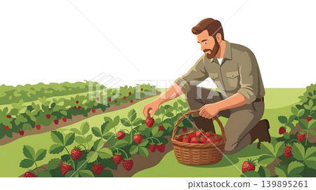 Caucasian Male Picking Red Strawberries Into Woven Basket Caucasian Male Picking Red Strawberries Into Woven Basket 139895261