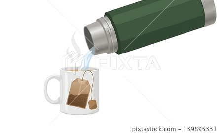 Dark Green Thermos Pouring Hot Water for Herbal Tea 139895331