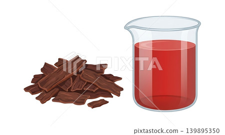 Dark Red Cinchona Bark Pieces Pile and Clear Glass Beaker Dark Red Cinchona Bark Pieces Pile and Clear Glass Beaker 139895350