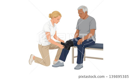 Caucasian Therapist Wrapping Knee Brace for Senior Client Caucasian Therapist Wrapping Knee Brace for Senior Client 139895385