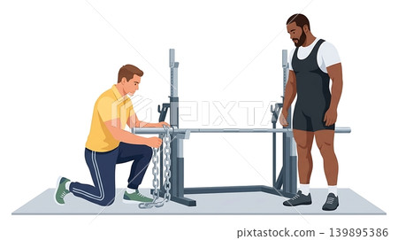 Caucasian Trainer Adjusting Chains on Barbell for Client Caucasian Trainer Adjusting Chains on Barbell for Client 139895386