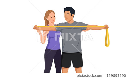 Caucasian Trainer Guiding Client with Resistance Band Flyes Caucasian Trainer Guiding Client with Resistance Band Flyes 139895390