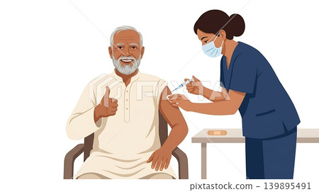 Elderly Indian Man Giving Thumbs Up During Booster Shot Elderly Indian Man Giving Thumbs Up During Booster Shot 139895491