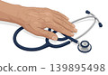 Elderly Wrinkled Hand Resting on Navy Blue Stethoscope Icon 139895498