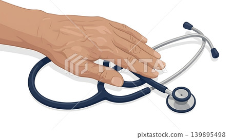 Elderly Wrinkled Hand Resting on Navy Blue Stethoscope Icon 139895498