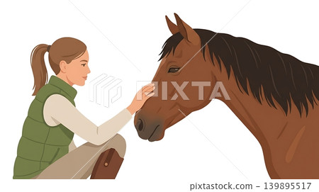 Equine Therapist Stroking Brown Horse to Calm Patient Equine Therapist Stroking Brown Horse to Calm Patient 139895517