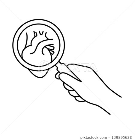 A line icon of a hand holding a magnifying glass, and a heart. A line icon of a hand holding a magnifying glass, and a heart. 139895628