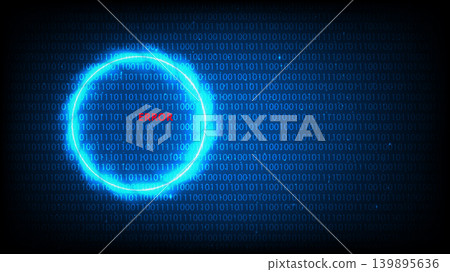 A glowing neon circle portal over a digital binary code background featuring a red error message A glowing neon circle portal over a digital binary code background featuring a red error message 139895636