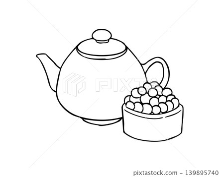 A simple line art illustration of a tea time scene, combining a teapot and sweets. A simple line art illustration of a tea time scene, combining a teapot and sweets. 139895740