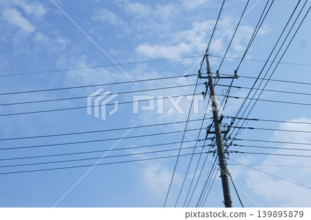 A cityscape of power lines stretching across a clear sky. A cityscape of power lines stretching across a clear sky. 139895879