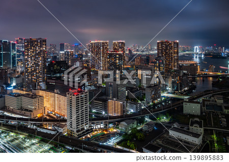 View of the redevelopment around Takanawa Gateway and the Tokyo Bay nightscape from NEWoMan Takanawa 139895883