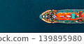 Aerial view Gas ship tanker vessel loading and unloading in oil terminal station refinery, Global business import export logistic transport sea freight cargo gas tanker ship, Red gas tanker ship at 139895980