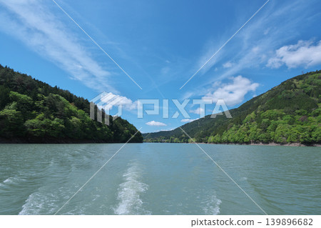 Igawa Dam, Igawa Lake, Oi River, sightseeing boat cruise, sunny day in April Igawa Dam, Igawa Lake, Oi River, sightseeing boat cruise, sunny day in April 139896682