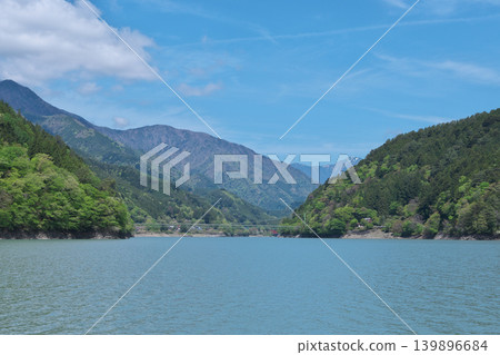 Igawa Dam, Igawa Lake, Oi River, sightseeing boat cruise, sunny day in April Igawa Dam, Igawa Lake, Oi River, sightseeing boat cruise, sunny day in April 139896684