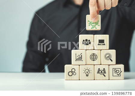 Assembled wooden cubes on the topic of the application of artificial intelligence in business Assembled wooden cubes on the topic of the application of artificial intelligence in business 139896778