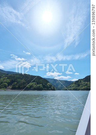 Igawa Dam, Igawa Lake, Oi River, sightseeing boat cruise, sunny day in April Igawa Dam, Igawa Lake, Oi River, sightseeing boat cruise, sunny day in April 139896797