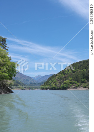Igawa Dam, Igawa Lake, Oi River, sightseeing boat cruise, Igawa Bridge, sunny day in April 139896819