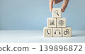 Hand putting and stacking blank wooden cubes on table 139896872
