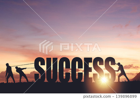 Silhouettes of people drawing the word SUCCESS on a sunset background, business concept Silhouettes of people drawing the word SUCCESS on a sunset background, business concept 139896899
