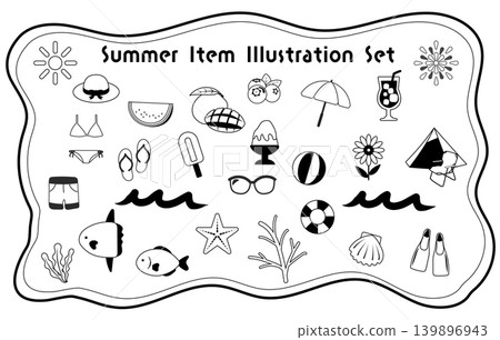 Summer Items Monochrome Illustration Set | Beach, Swimsuit, Inflatable Ring, Fish, Fireworks, Parasol, Ice Cream 139896943