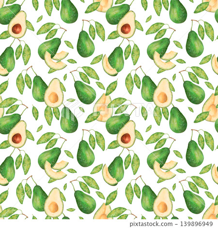 Seamless pattern with avocado fruit, leaves, slices. Watercolor illustration. Hand drawn isolated background. Botanical art for wallpaper, printing on fabric, paper, juice packaging, food products Seamless pattern with avocado fruit, leaves, slices. Watercolor illustration. Hand drawn isolated background. Botanical art for wallpaper, printing on fabric, paper, juice packaging, food products 139896949