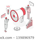 A businessman broadcasting information through a megaphone and a woman analyzing it - Marketing - Red 139896979