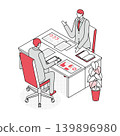 Two businessmen having a meeting at their desks - reviewing documents and giving a presentation - Red 139896980