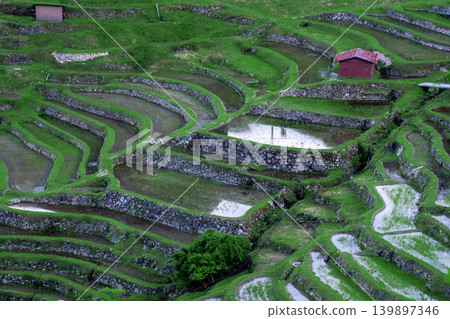 The sunrise over Maruyama Senmaida rice terraces in Kumano City, Mie Prefecture. The sunrise over Maruyama Senmaida rice terraces in Kumano City, Mie Prefecture. 139897346