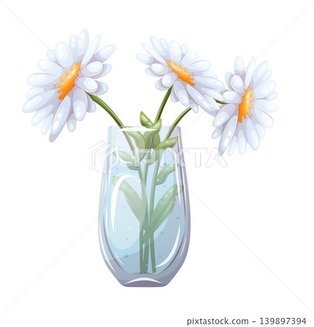 Vector bouquet of white daisies in glass vase Vector bouquet of white daisies in glass vase 139897394