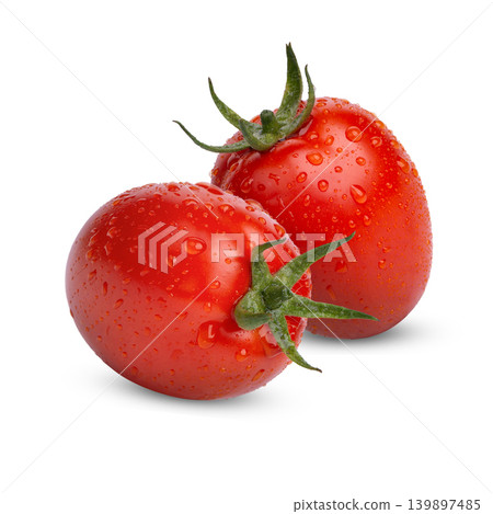Fresh tomatoes with water drops isolated on white background Fresh tomatoes with water drops isolated on white background 139897485