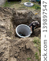 A worker digs and prepares to place a large concrete pipe into a trench at a construction site. The sun shines in the afternoon as the soil is dug up 139897547