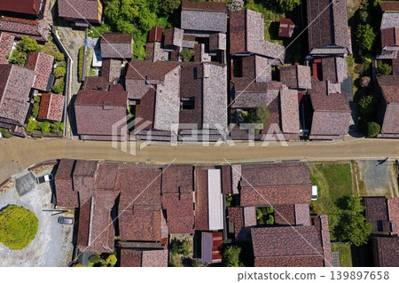 An aerial photograph showing the townscape of Fukiya Bengara in Takahashi City, Okayama Prefecture, viewed from directly above. An aerial photograph showing the townscape of Fukiya Bengara in Takahashi City, Okayama Prefecture, viewed from directly above. 139897658