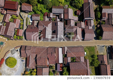 An aerial photograph overlooking the townscape of Fukiya Bengara in Takahashi City, Okayama Prefecture. 139897659