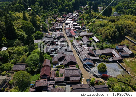 An aerial photograph overlooking the townscape of Fukiya Bengara in Takahashi City, Okayama Prefecture. 139897663