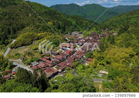 An aerial photograph overlooking the townscape of Fukiya Bengara in Takahashi City, Okayama Prefecture. An aerial photograph overlooking the townscape of Fukiya Bengara in Takahashi City, Okayama Prefecture. 139897666