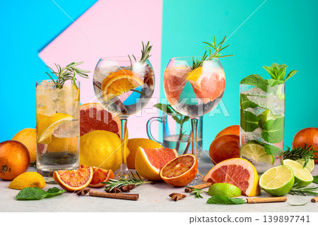 Refreshing summer cocktails with ingredients on a bright colorful background. Refreshing summer cocktails with ingredients on a bright colorful background. 139897741