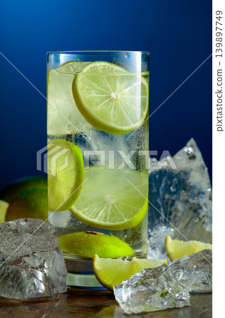 Cold refreshing drink with ice and lime in tall glass with water condensation drops. Cold refreshing drink with ice and lime in tall glass with water condensation drops. 139897749