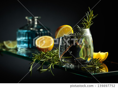 Gin tonic cocktail with lemon and rosemary. 139897752