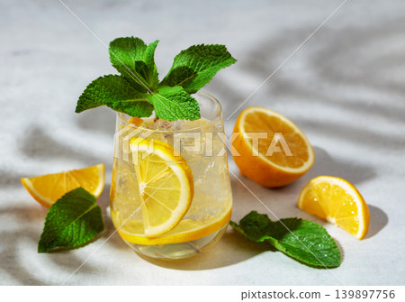 A refreshing summer drink with ice, lemon and mint. A refreshing summer drink with ice, lemon and mint. 139897756