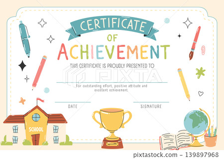 Certificate of achievement template with trophy in doodle style Certificate of achievement template with trophy in doodle style 139897968