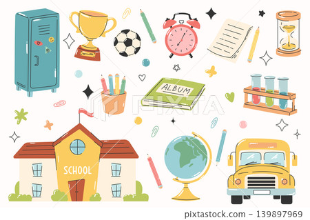 Classroom object collection with bus, globe and locker doodles 139897969