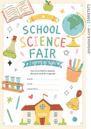 Science fair invitation poster with classroom icons in doodle style Science fair invitation poster with classroom icons in doodle style 139897973