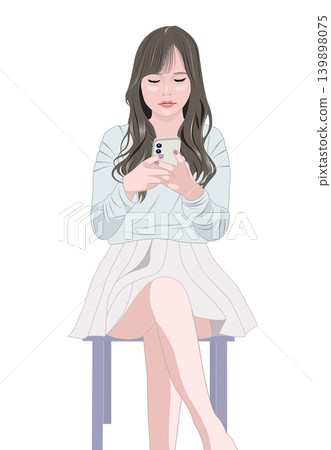 插圖描繪了一位坐在椅子上看著智慧型手機的女子。 插圖描繪了一位坐在椅子上看著智慧型手機的女子。 139898075