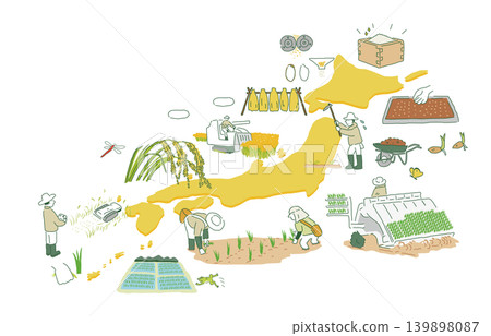 A set of illustrations depicting a year in the life cycle of rice cultivation in Japan. A set of illustrations depicting a year in the life cycle of rice cultivation in Japan. 139898087
