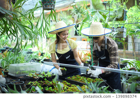 Couple planting young staghorn fern in greenhouse Couple planting young staghorn fern in greenhouse 139898374